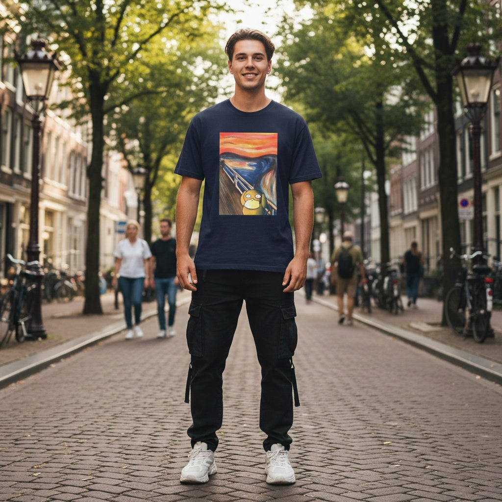 Man wearing a navy blue t-shirt featuring a parody of The Scream painting with Psyduck holding his head.