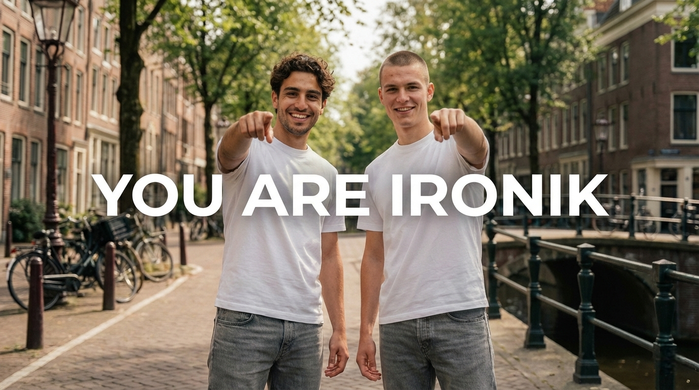 Two men wearing Ironik white t-shirts pointing at the camera on an Amsterdam canal street with text overlay "YOU ARE IRONIK".