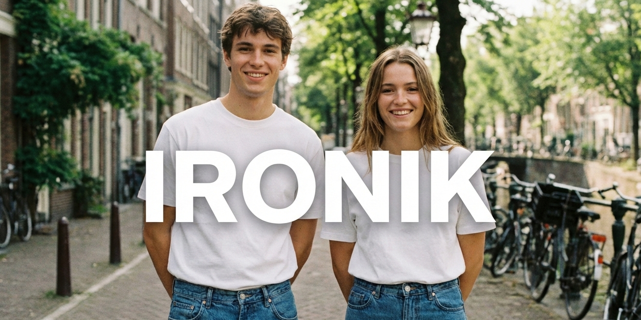 young couple wearing matching plain white t-shirts standing by a canal, with "IRONIK" brand text overlay.